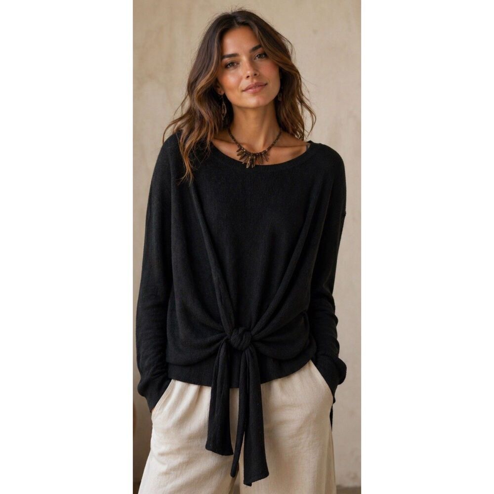 Tribal Womens Black Knit Tie Front Sweater Long Sleeve Pullover Top Size L 1180H